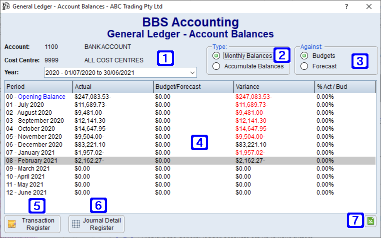General Ledger - Account Balances Screen General Ledger - Account Balances Screen