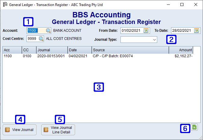General Ledger - Transaction Register Screen General Ledger - Transaction Register Screen