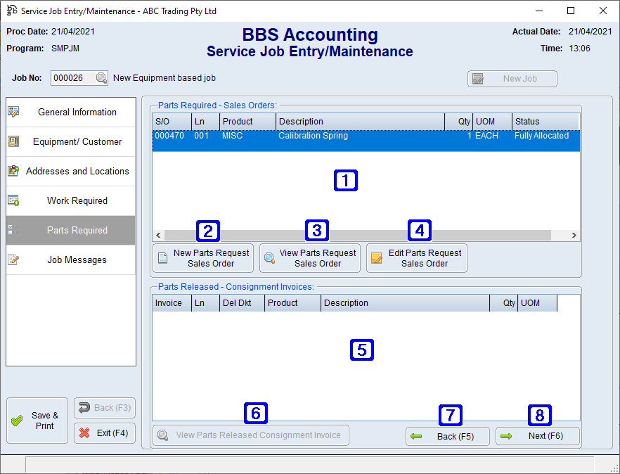 Service Job Entry/Maintenance - Parts Required Tab Screen Service Job Entry/Maintenance - Parts Required Tab Screen