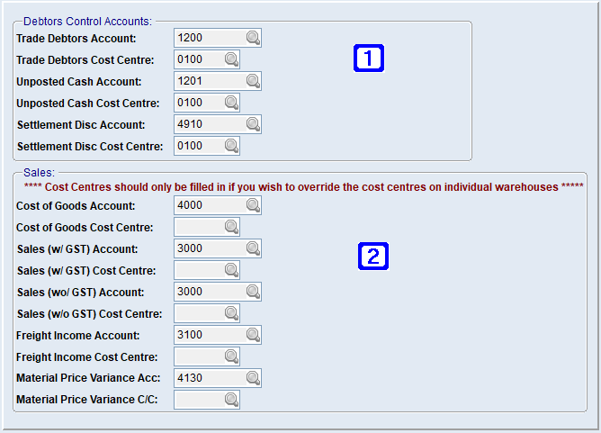 System Parameter Maintenance - G/L Interface Sales/Debtors Screen System Parameter Maintenance - G/L Interface Sales/Debtors Screen