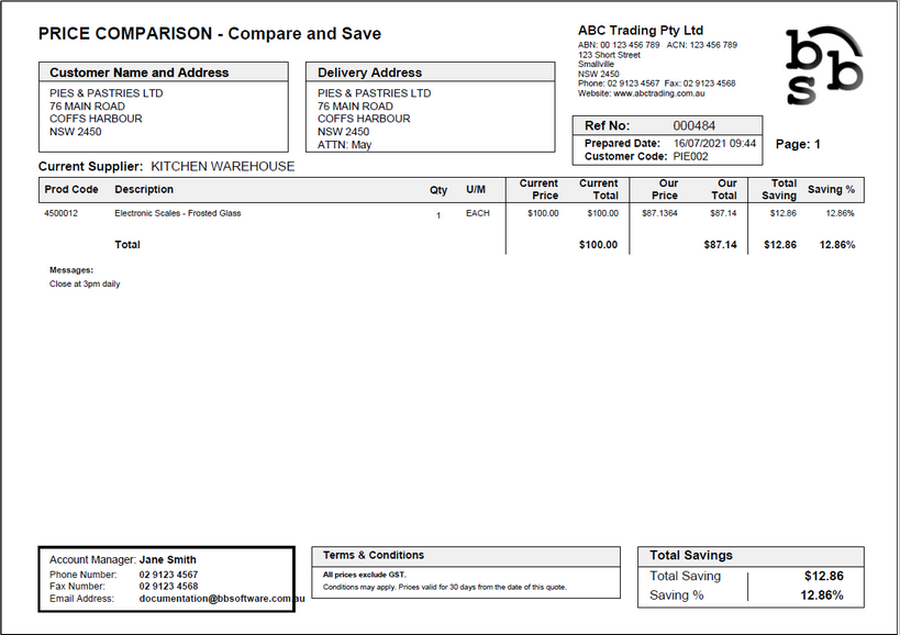 Example Price Comparison Example Price Comparison