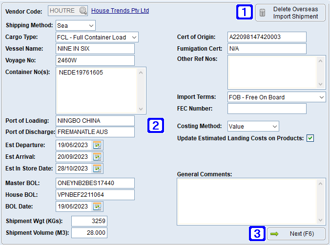 Overseas Import Shipment Entry/Maintenance - Shipping Details tab Screen Overseas Import Shipment Entry/Maintenance - Shipping Details tab Screen