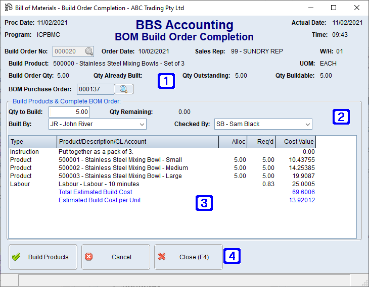 BOM Build Order Completion Screen BOM Build Order Completion Screen