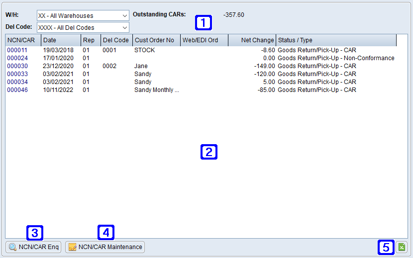 Outstanding NCN/CAR Tab Screen Outstanding NCN/CAR Tab Screen